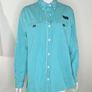 Womens M Green White Gingham Button Down Vented